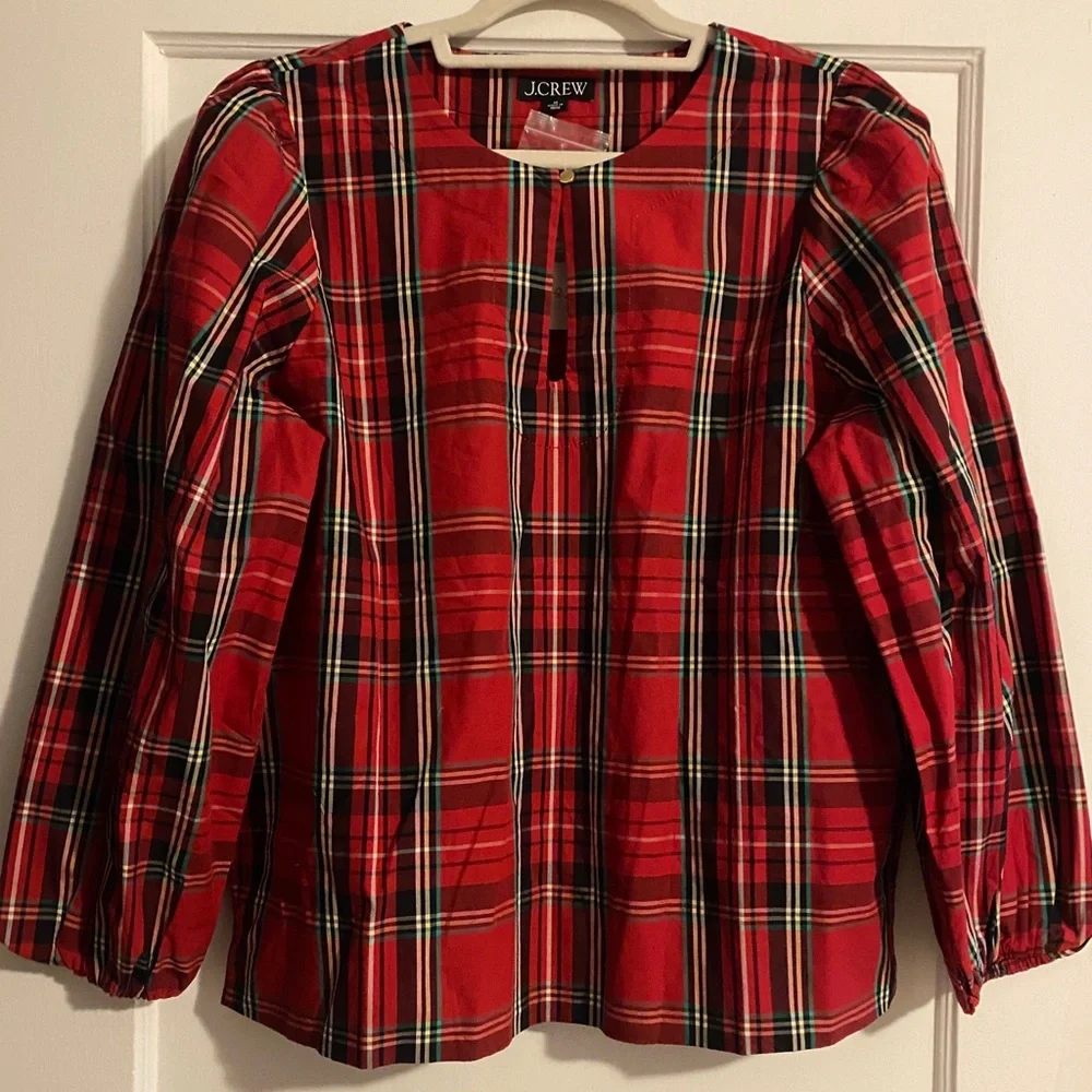 NWT J. Crew Puff-sleeve Poplin Top Good Tidings Plaid Red Size Medium